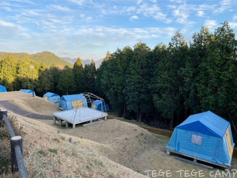 八重山公園キャンプ村常設テントサイトにテントが並んでいる